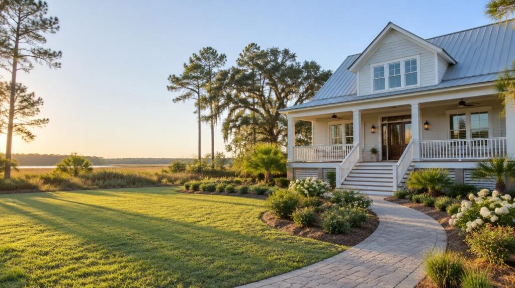 Clean Lowcountry raised home with light siding and a bright paver walkway in late spring sunlight