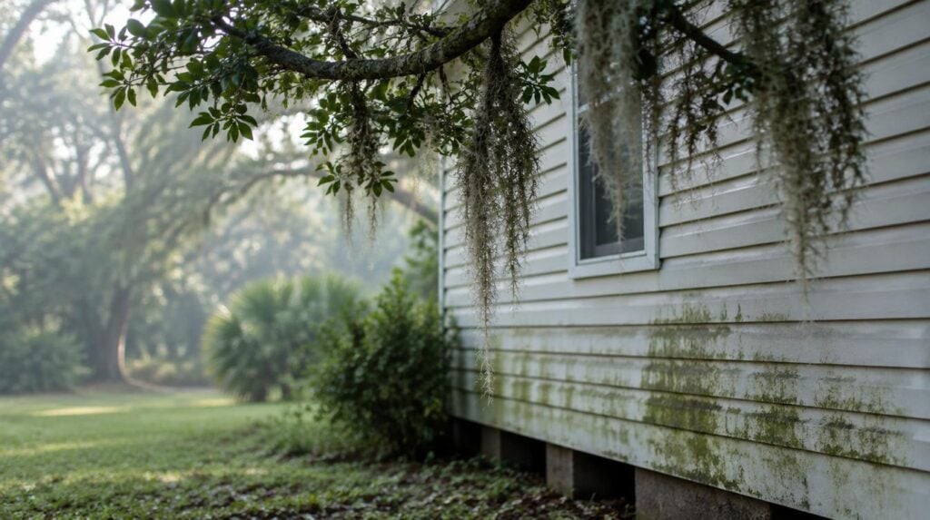 Green mildew streaks on pale vinyl siding on the shaded side of a Lowcountry home under a live oak