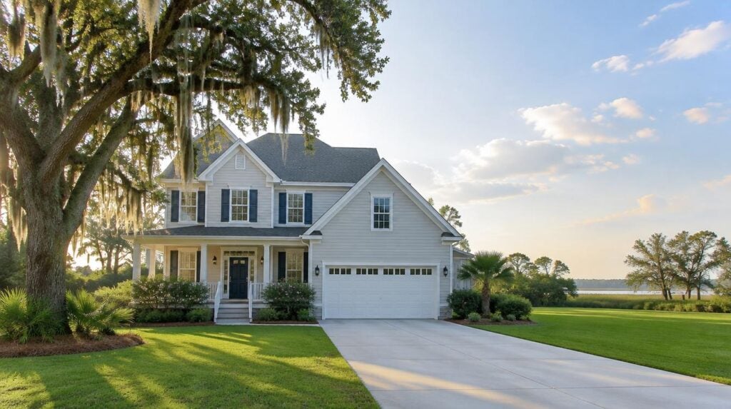 Freshly cleaned two-story Charleston area home with bright siding and a clean concrete driveway under a live oak