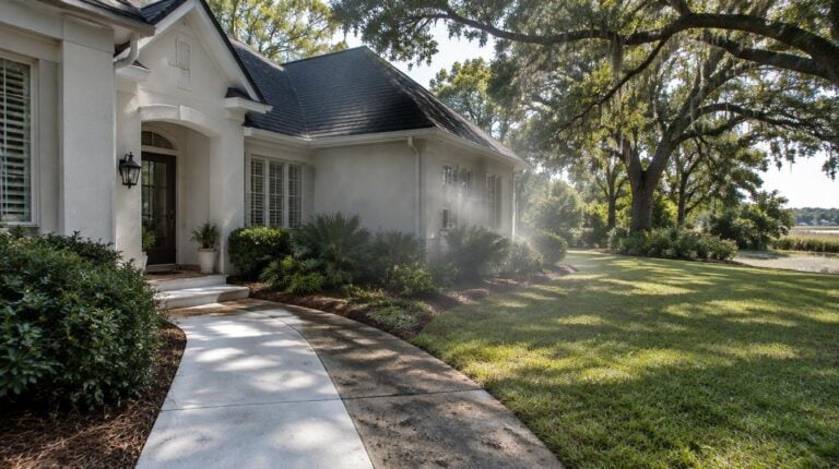 Lowcountry stucco home being gently soft washed beside a half-cleaned concrete walkway