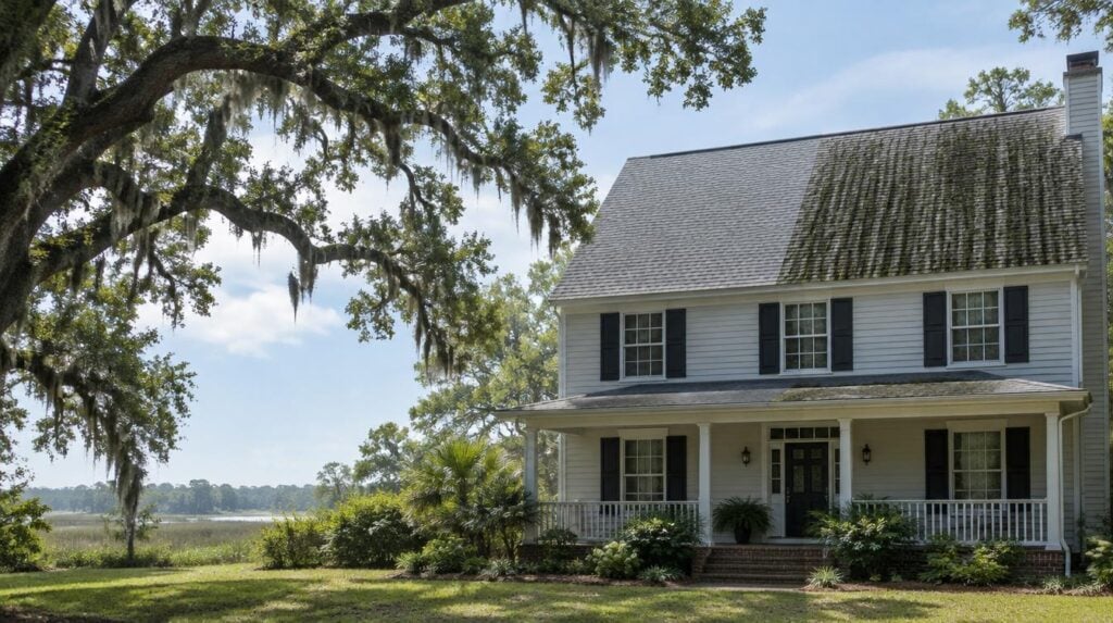 Charleston home with black algae streaks on half of its asphalt shingle roof under a live oak with Spanish moss