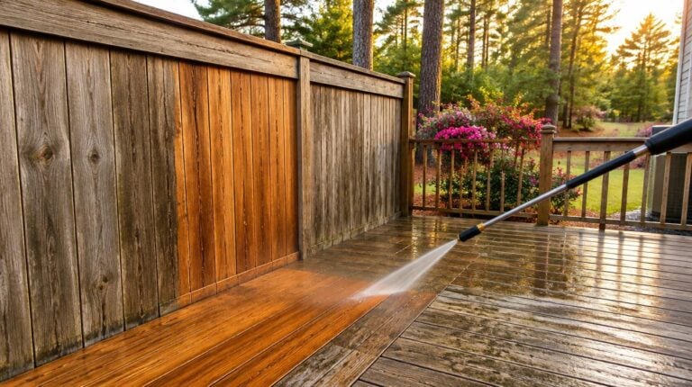 Low-pressure deck and fence cleaning revealing clean cedar boards