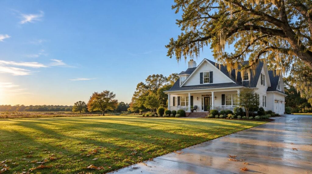 Freshly cleaned Charleston home with white siding and clean driveway in warm fall afternoon light