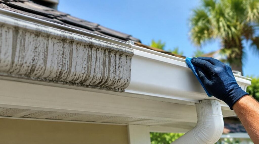 Hand cleaning tiger stripes off white gutters on a Charleston home