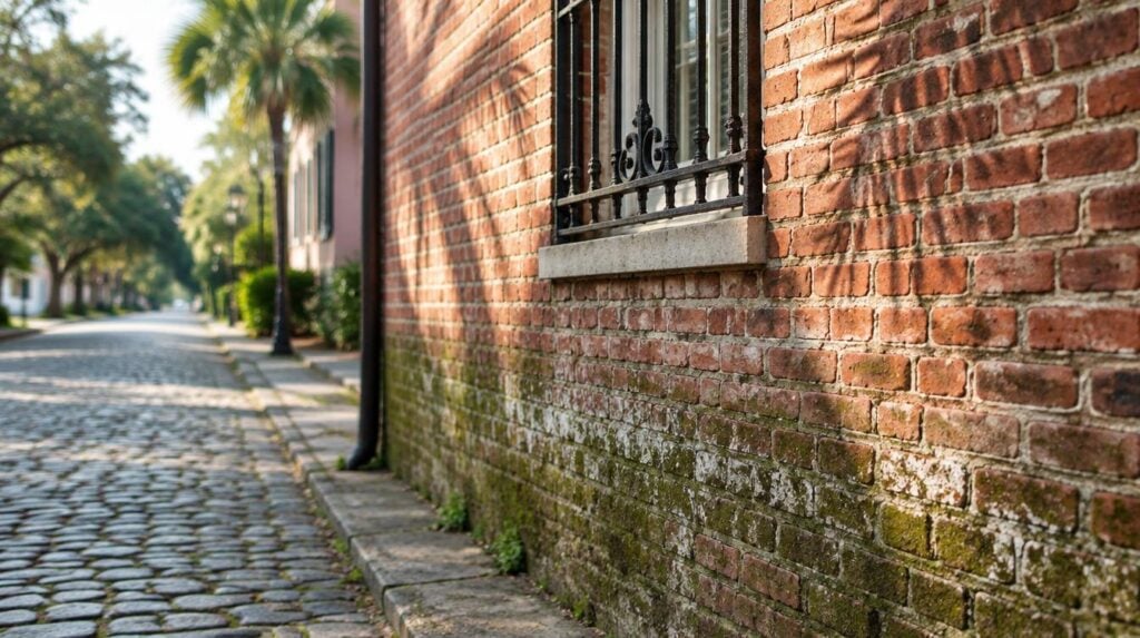 Historic Charleston red brick wall showing green mildew and white efflorescence beside a clean section