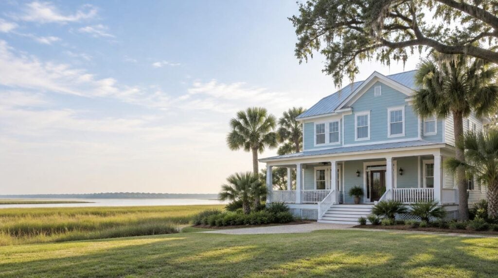 Clean light blue Hardie siding home in Mount Pleasant SC with palmettos and marsh in the background