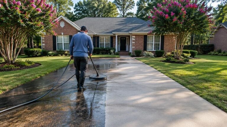 Driveway pressure washing at a brick home in North Charleston, SC
