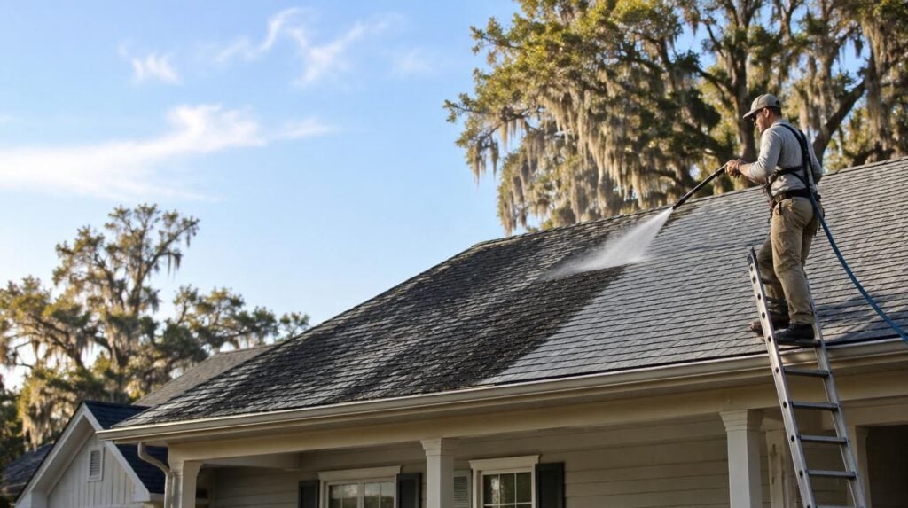 Soft washing black algae streaks off an asphalt shingle roof in Charleston, SC
